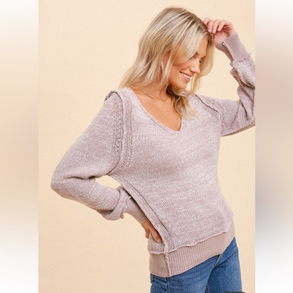 🆕Hem & Thread V-Neck Knit Sweater Bubble Sleeve Lavender/White Size Large